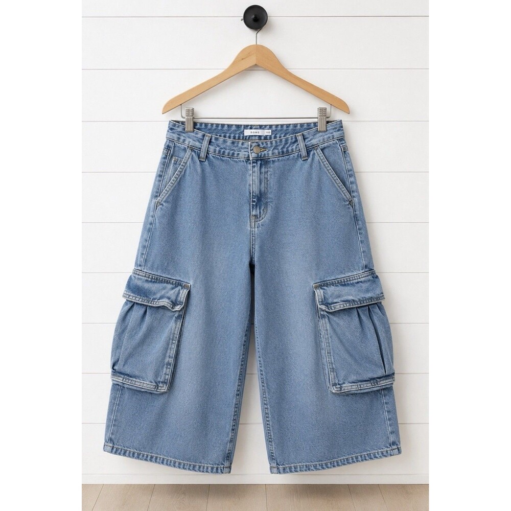 Women's Song Denim Jorts Y2K Size 9 Juniors Cargo Baggy Wide Leg 100% Cotton